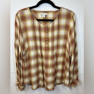 Coldwater Creek Plaid Blouse Petite XL Rayon Henley Style Relaxed Flannel